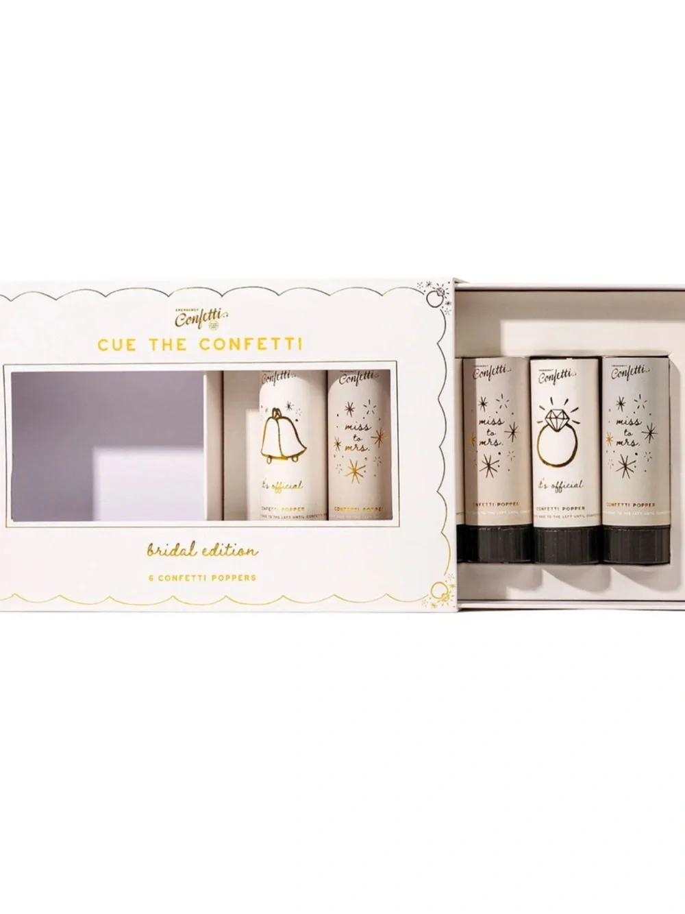 Cue the Confetti Bridal Edition Confetti Poppers - White & Gold (Set of 6) | NIB